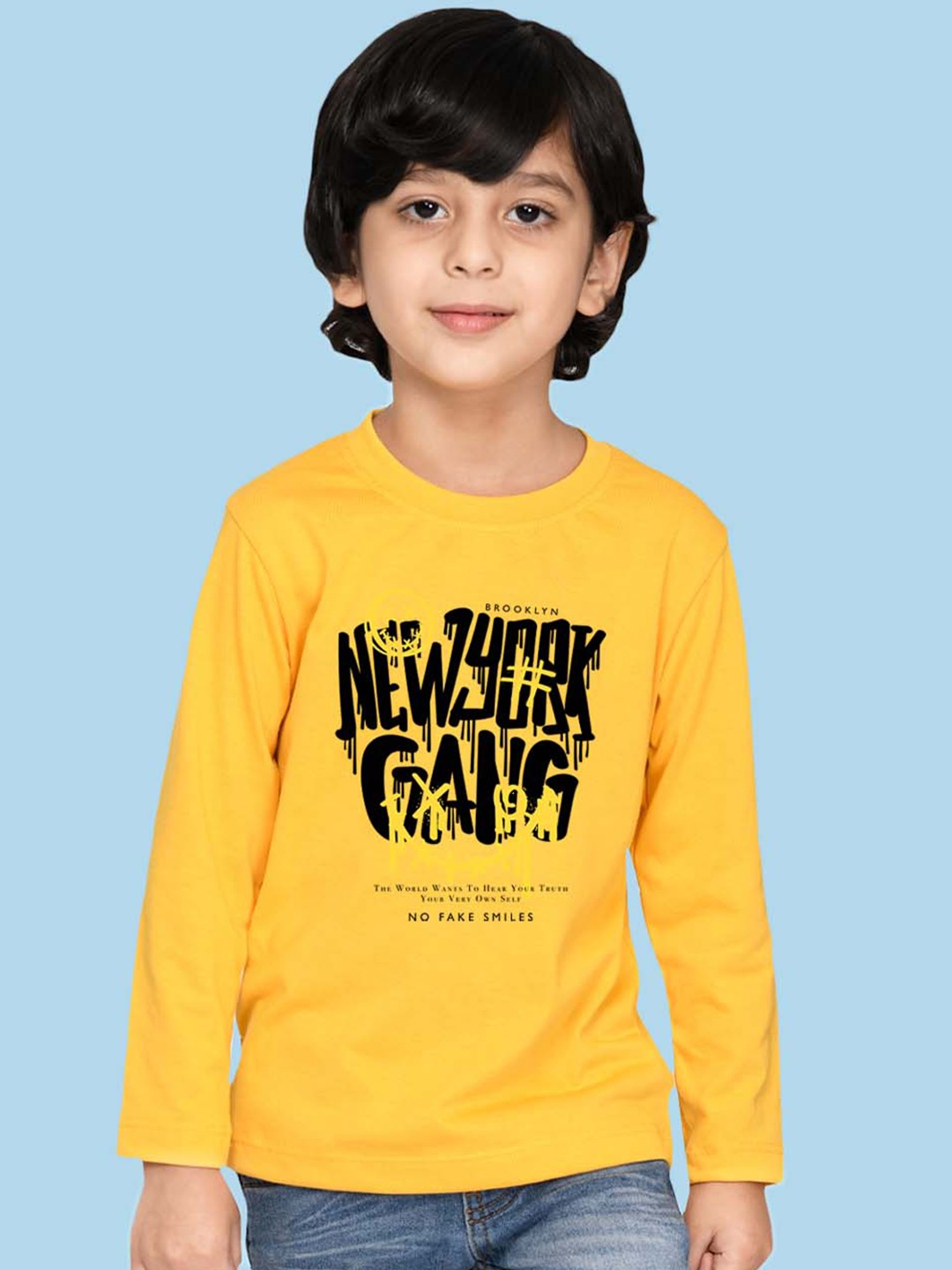 

NUSYL Boys Typography Printed Round Neck Cotton T-shirt, Yellow