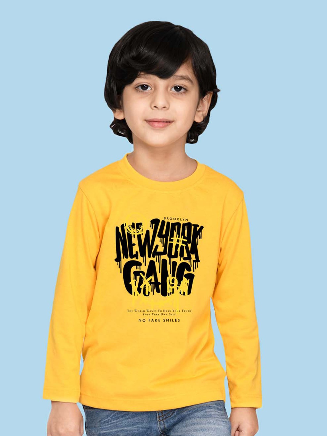 

NUSYL Boys Typography Printed Long Sleeves Cotton T-shirt, Yellow