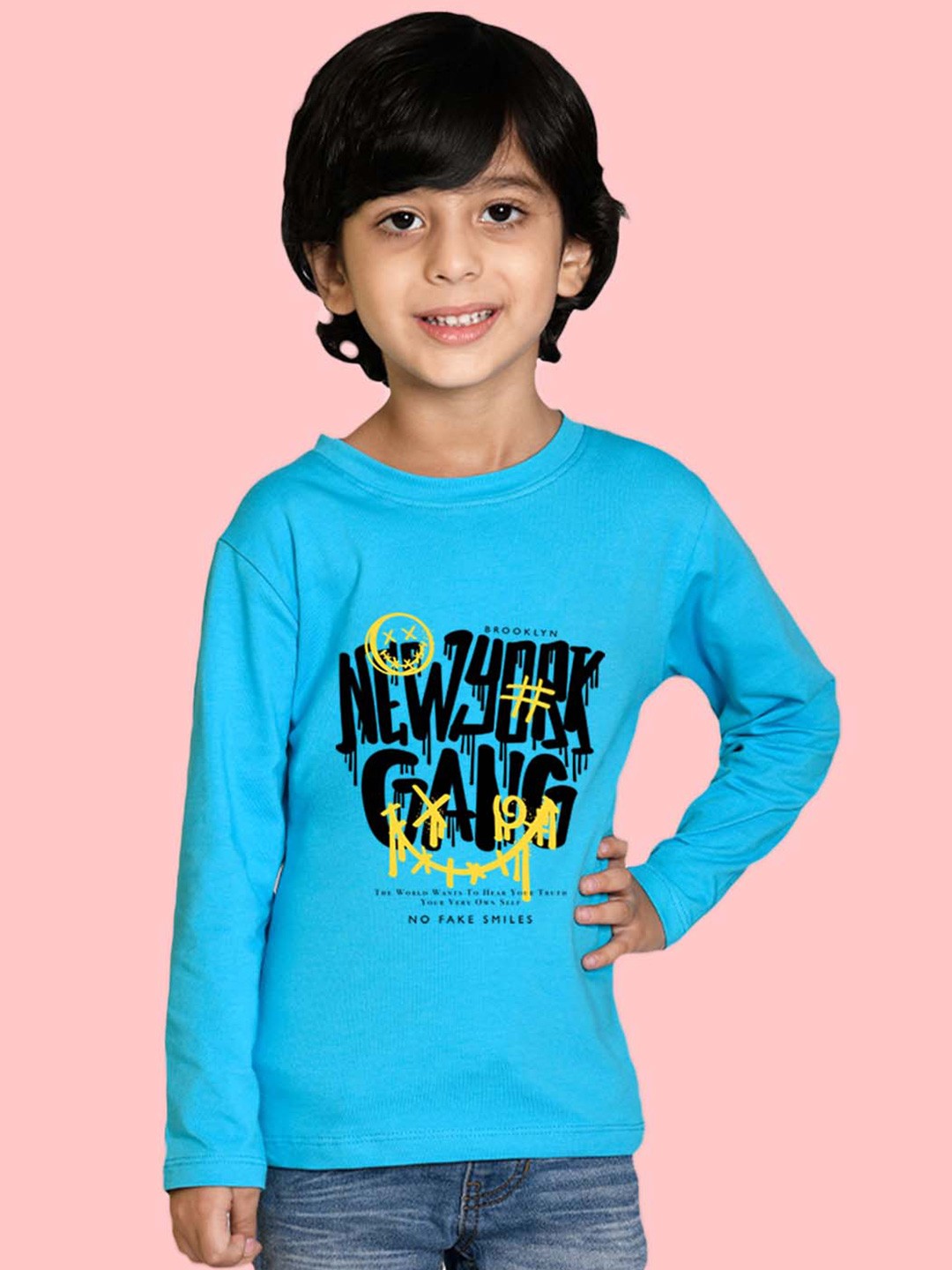 

NUSYL Boys Typography Printed Full Sleeve Cotton T-shirt, Blue