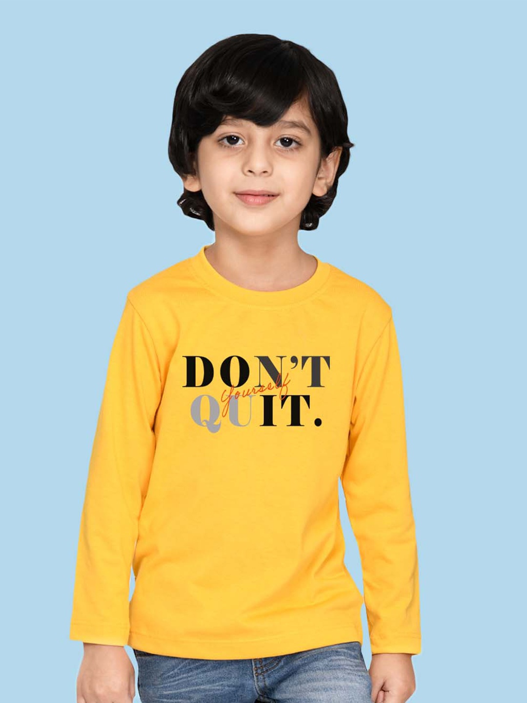 NUSYL Boys Typography Printed Long Sleeves Cotton T-shirt, Yellow