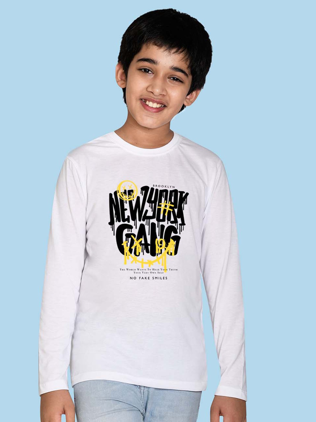 

NUSYL Boys Typography Printed Long Sleeves Cotton T-shirt, White