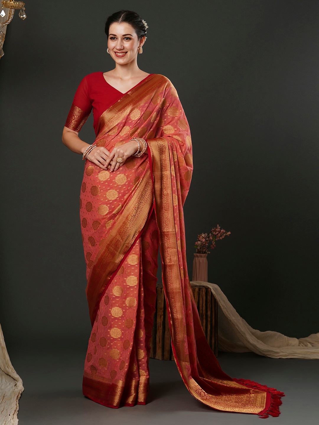 

Anouk Pink Ethnic Motifs Woven Design Pure Georgette Designer Kanjeevaram Saree