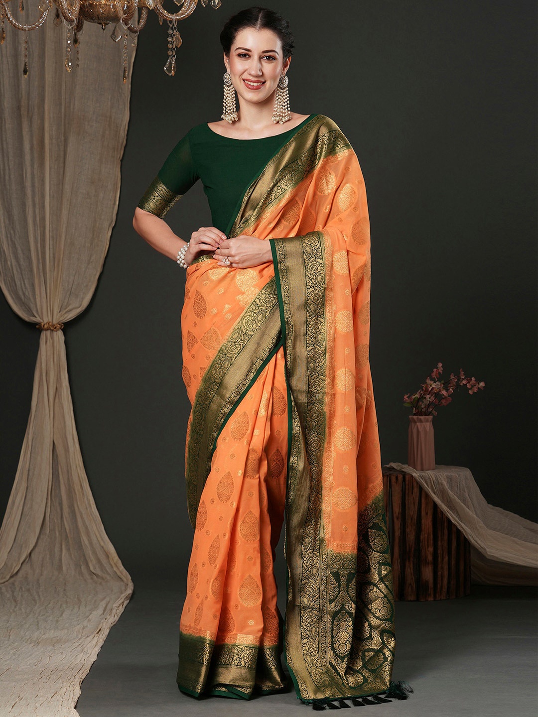 

Anouk Peach-Coloured Ethnic Motifs Woven Design Pure Georgette Kanjeevaram Saree