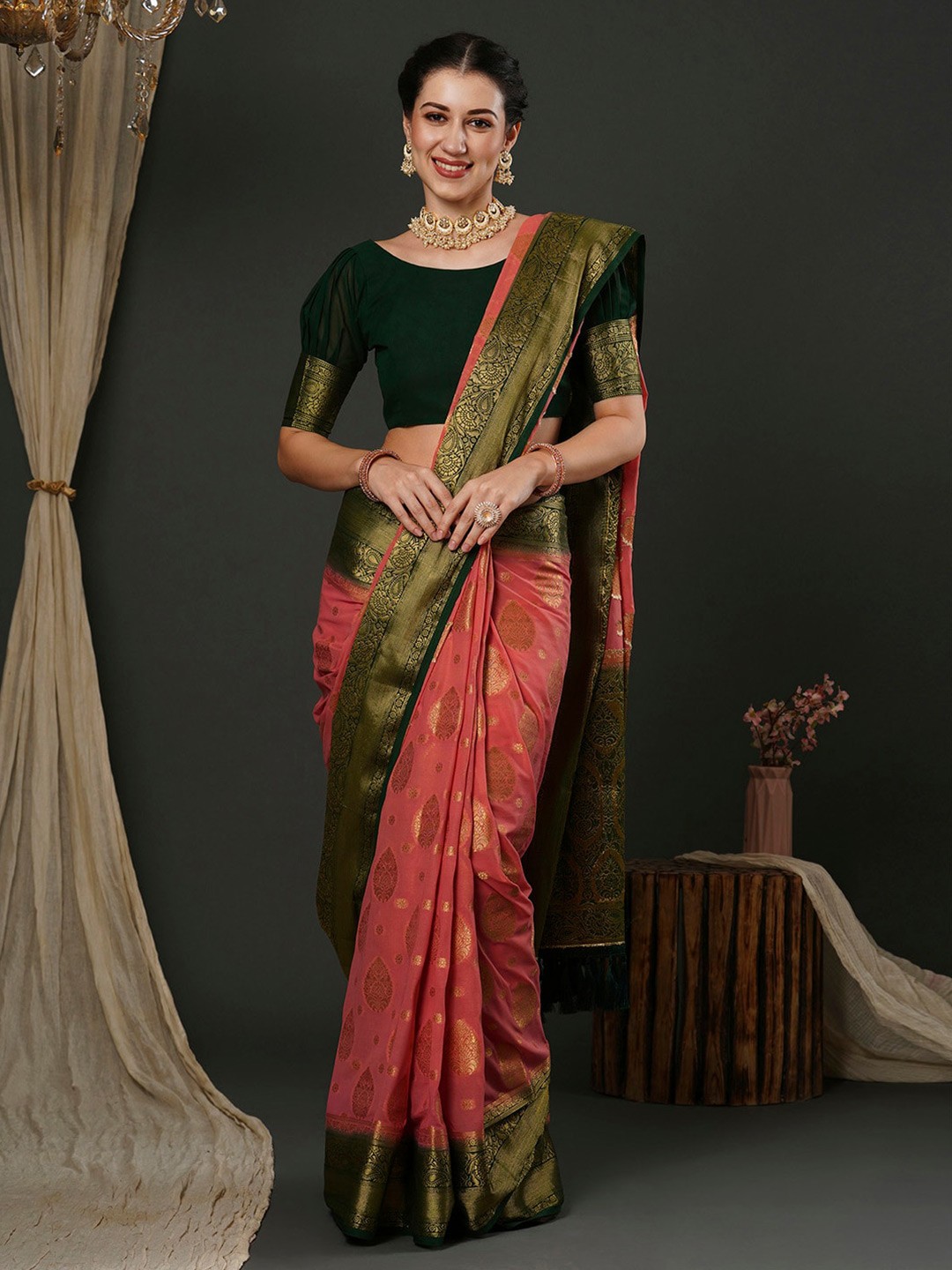 

Anouk Pink Ethnic Motifs Woven Design Pure Georgette Designer Kanjeevaram Saree