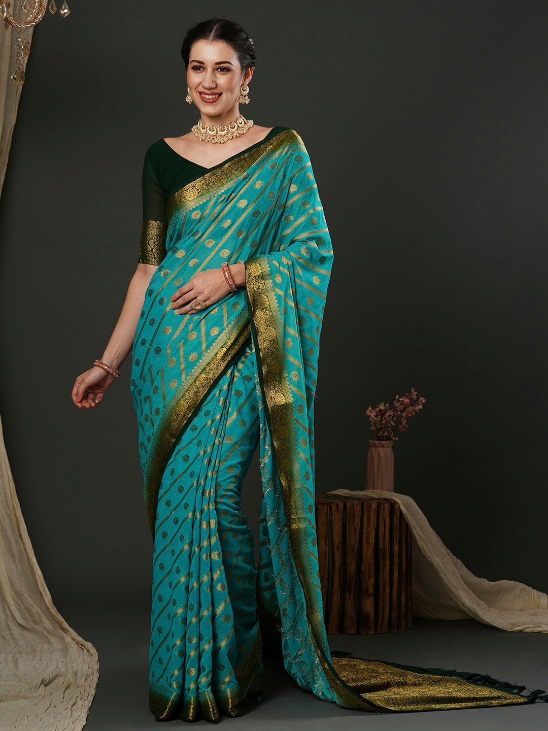

Anouk Blue Ethnic Motifs Woven Design Pure Georgette Designer Kanjeevaram Saree