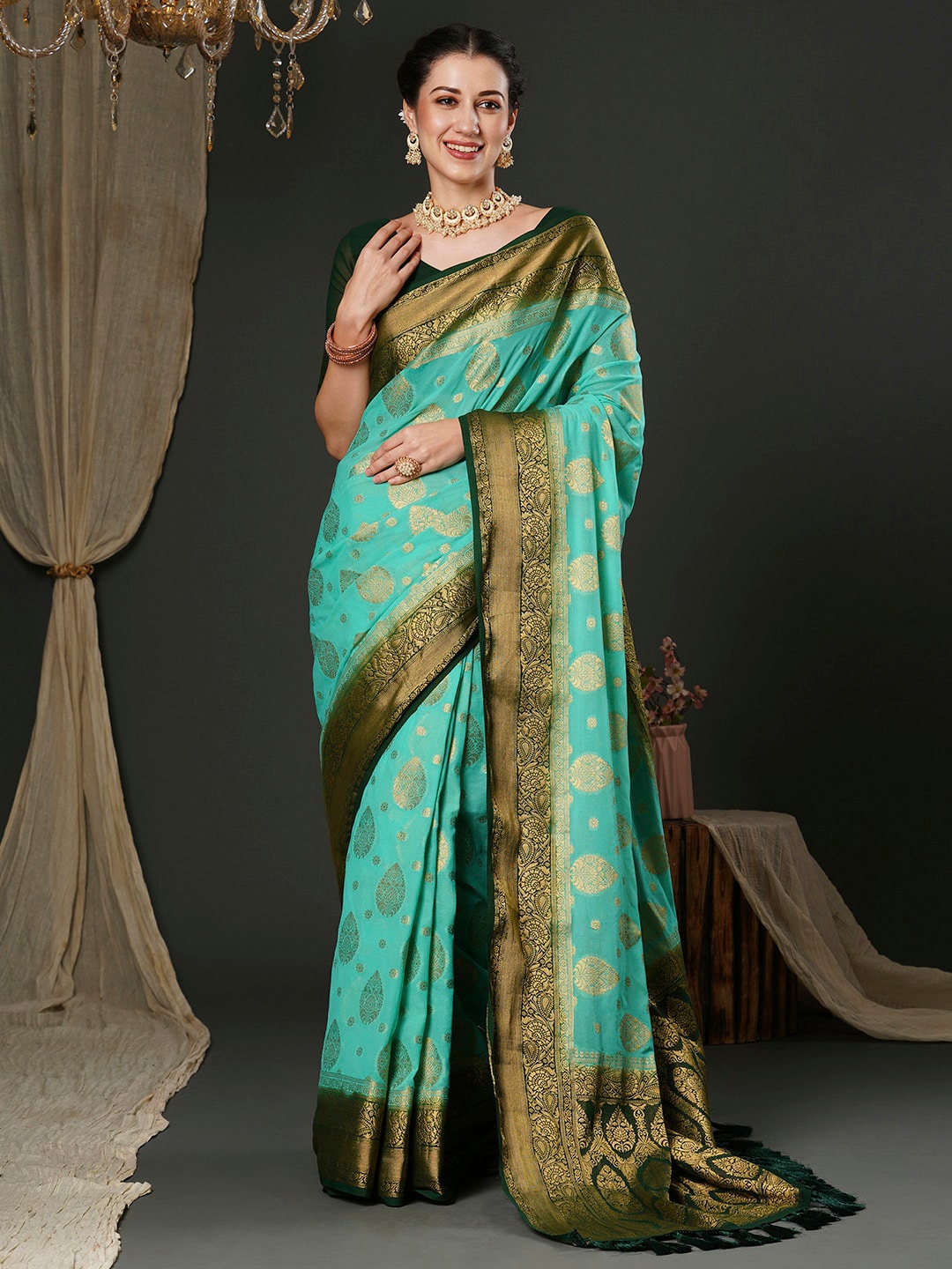 

Anouk Blue Ethnic Motifs Woven Design Pure Georgette Kanjeevaram Saree