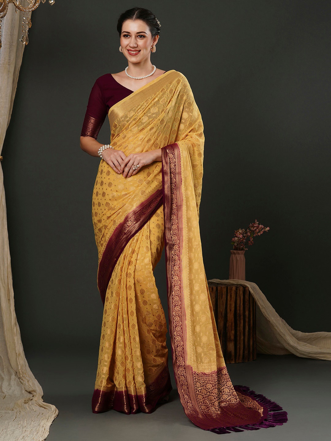 

Anouk Yellow Ethnic Motifs Woven Design Pure Georgette Kanjeevaram Saree