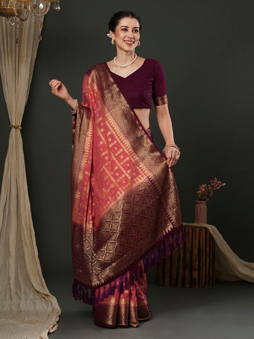

Anouk Peach-Coloured Ethnic Motifs Woven Design Zari Detailed Pure Georgette Saree