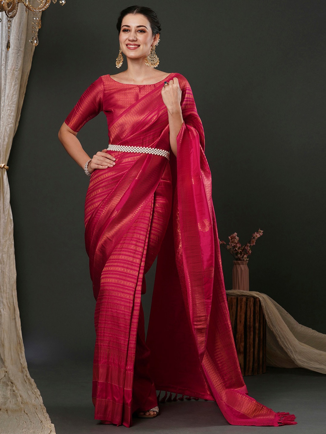 

Anouk Pink Ethnic Motifs Woven Design Zari Kanjeevaram Saree