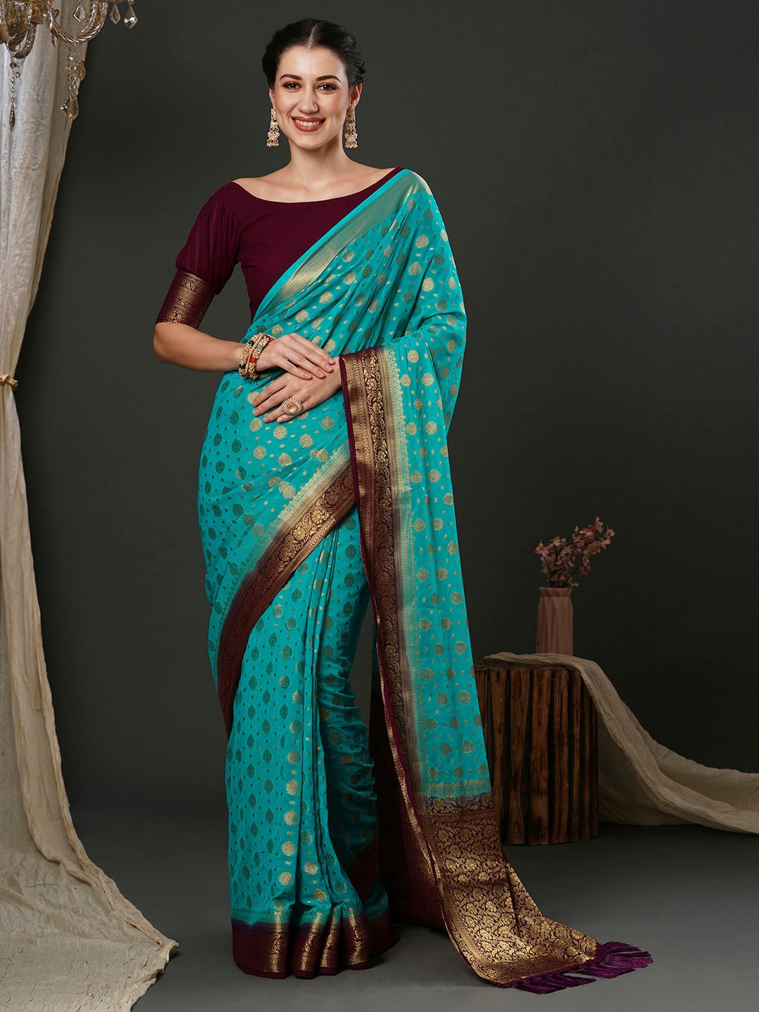 

Anouk Blue Ethnic Motifs Woven Design Zari Pure Georgette Kanjeevaram Saree