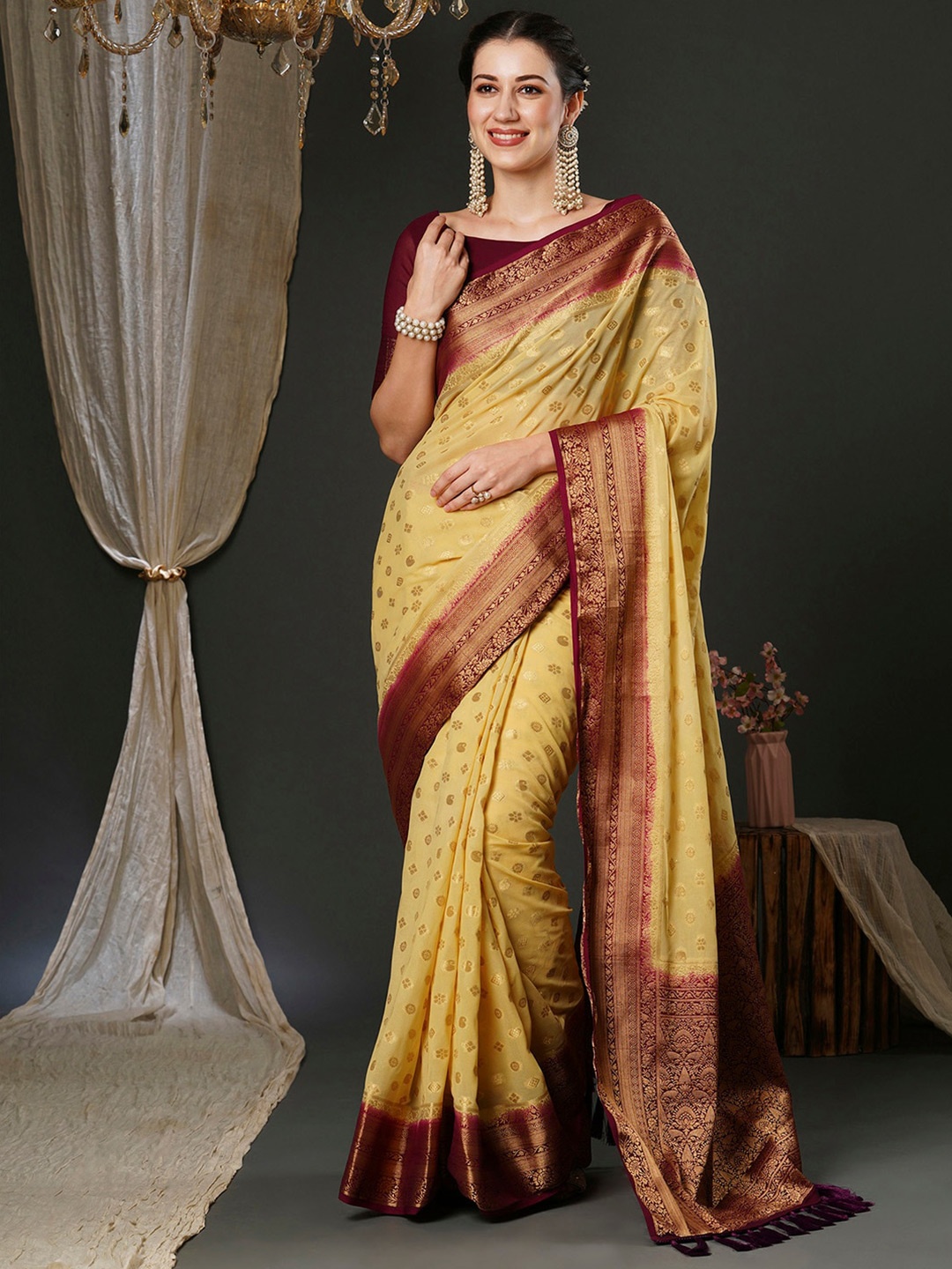 

Anouk Cream-Coloured Ethnic Motifs Woven Design Pure Georgette Kanjeevaram Saree