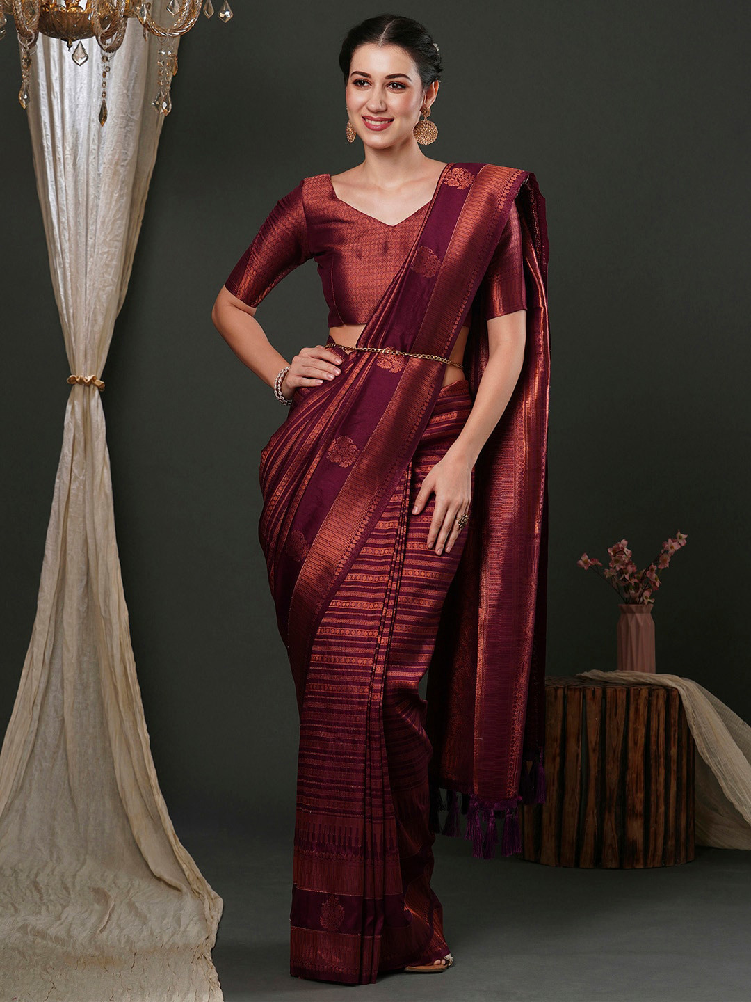

Anouk Purple Ethnic Motifs Woven Design Kanjeevaram Saree