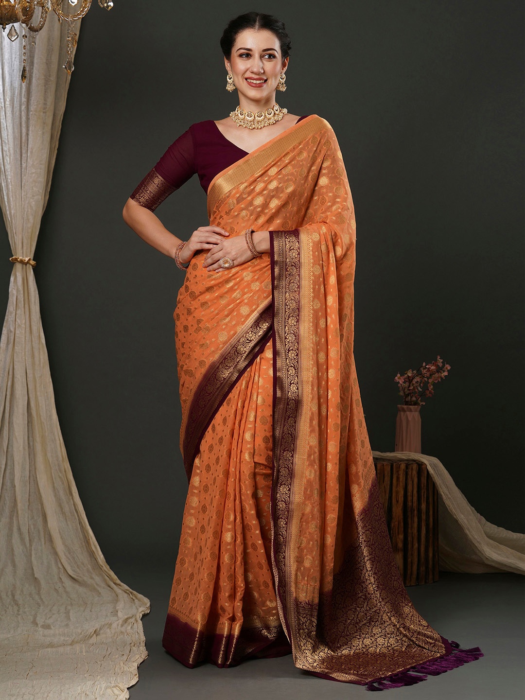 

Anouk Peach-Coloured Ethnic Motifs Woven Design Pure Georgette Kanjeevaram Saree