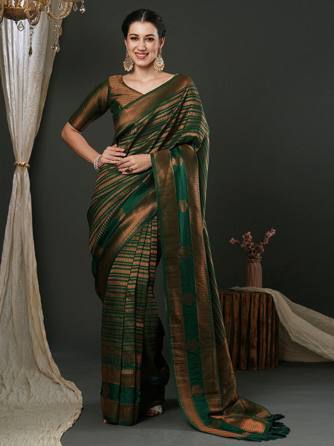 

Anouk Green Ethnic Motifs Woven Design Zari Kanjeevaram Saree