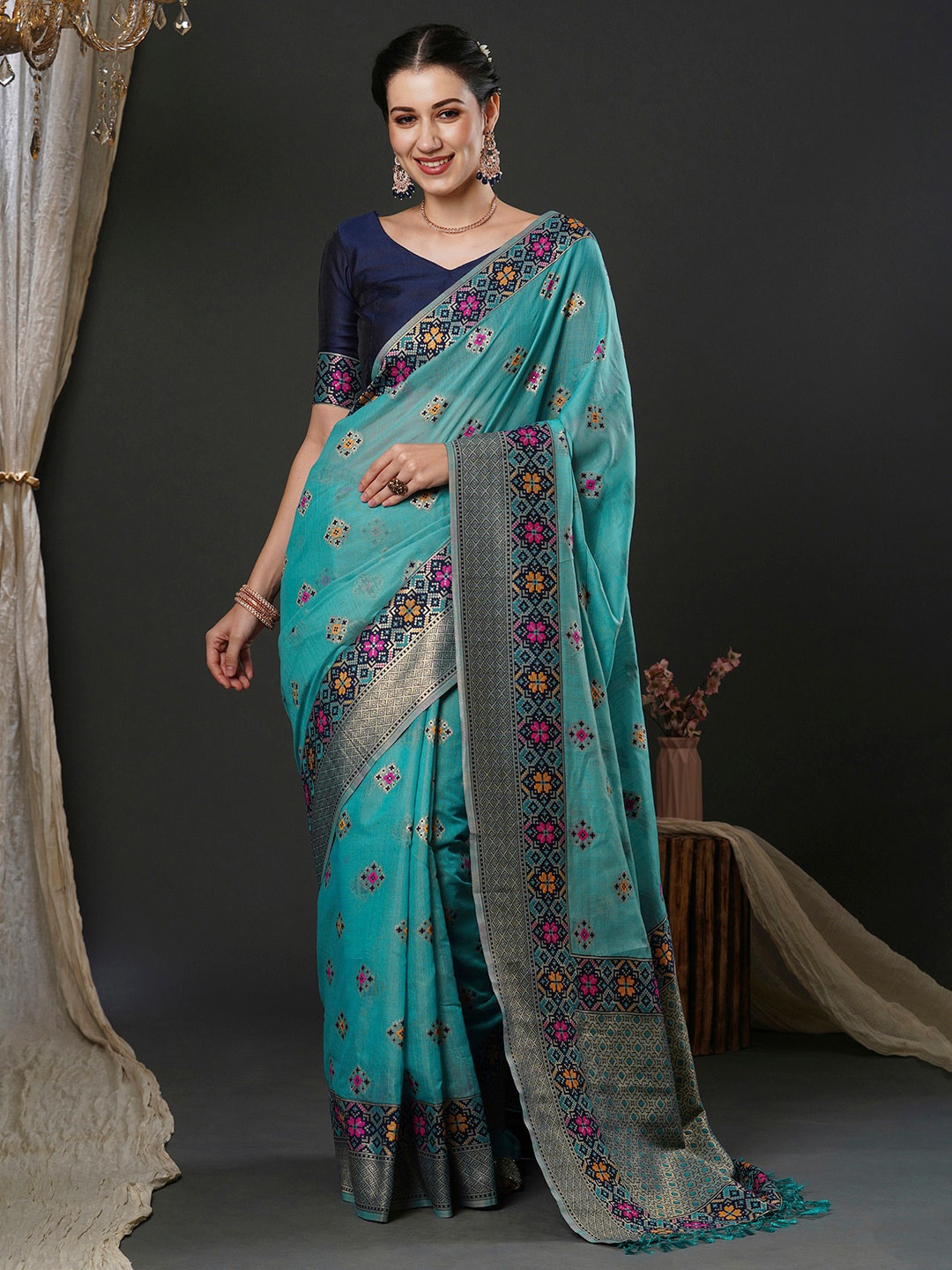 

Anouk Teal Blue Ethnic Motifs Woven Design Zari Silk Cotton Saree