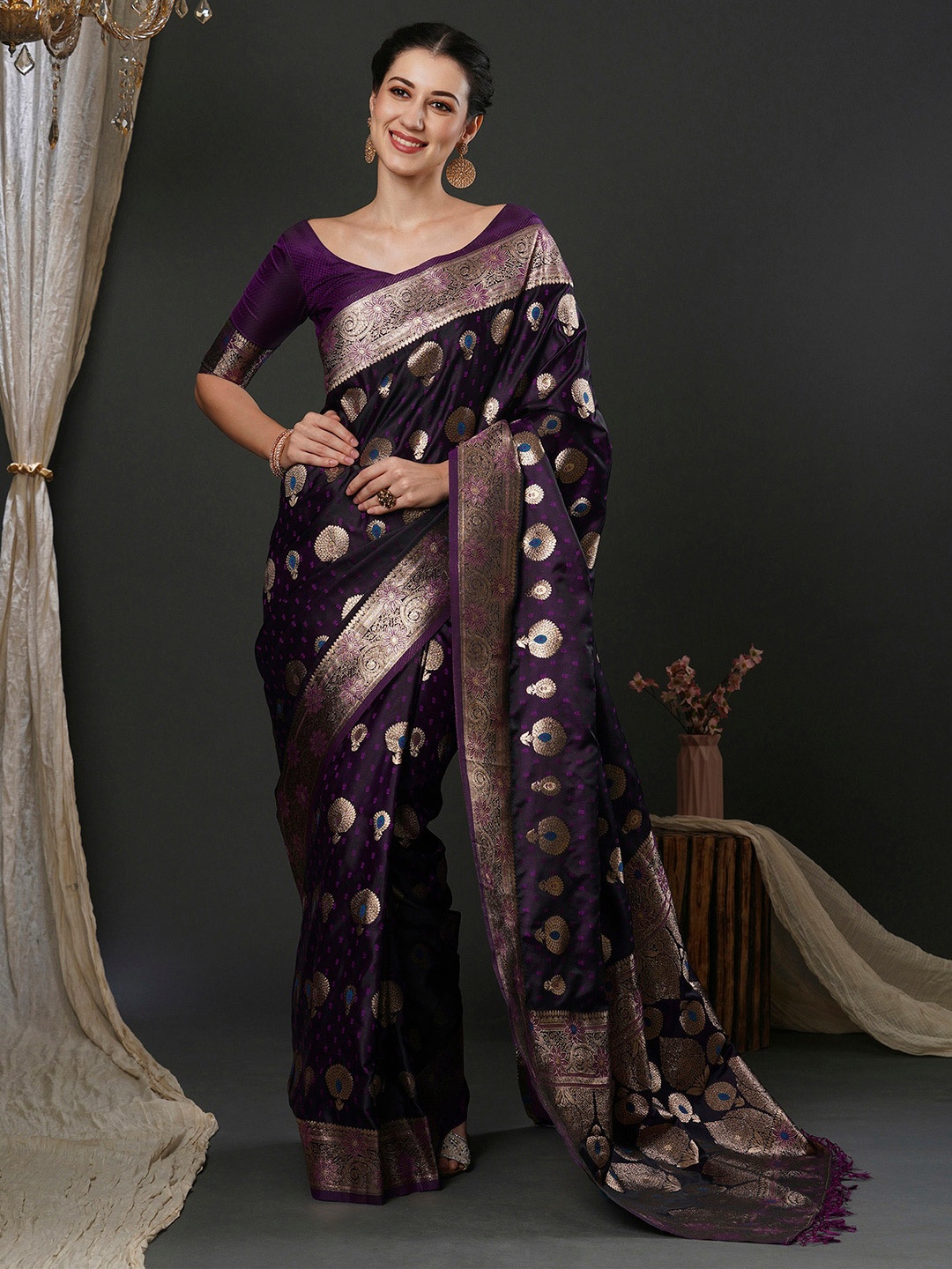

Anouk Purple Ethnic Motifs Woven Design Zari Banarasi Saree