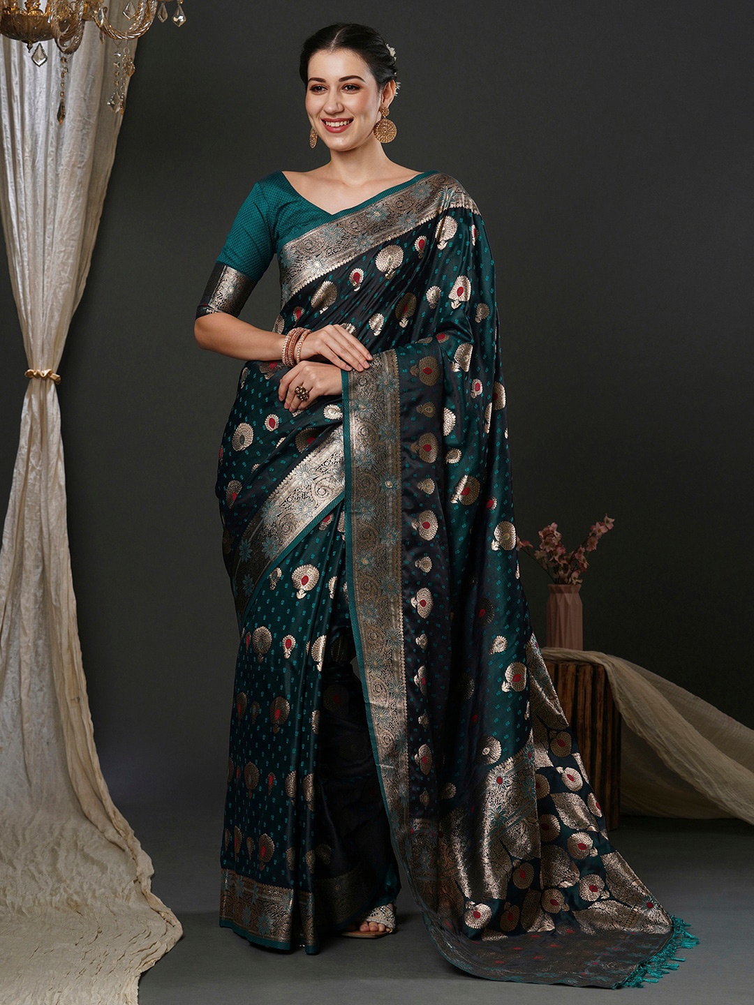 

Anouk Teal Ethnic Motifs Woven Design Zari Banarasi Saree