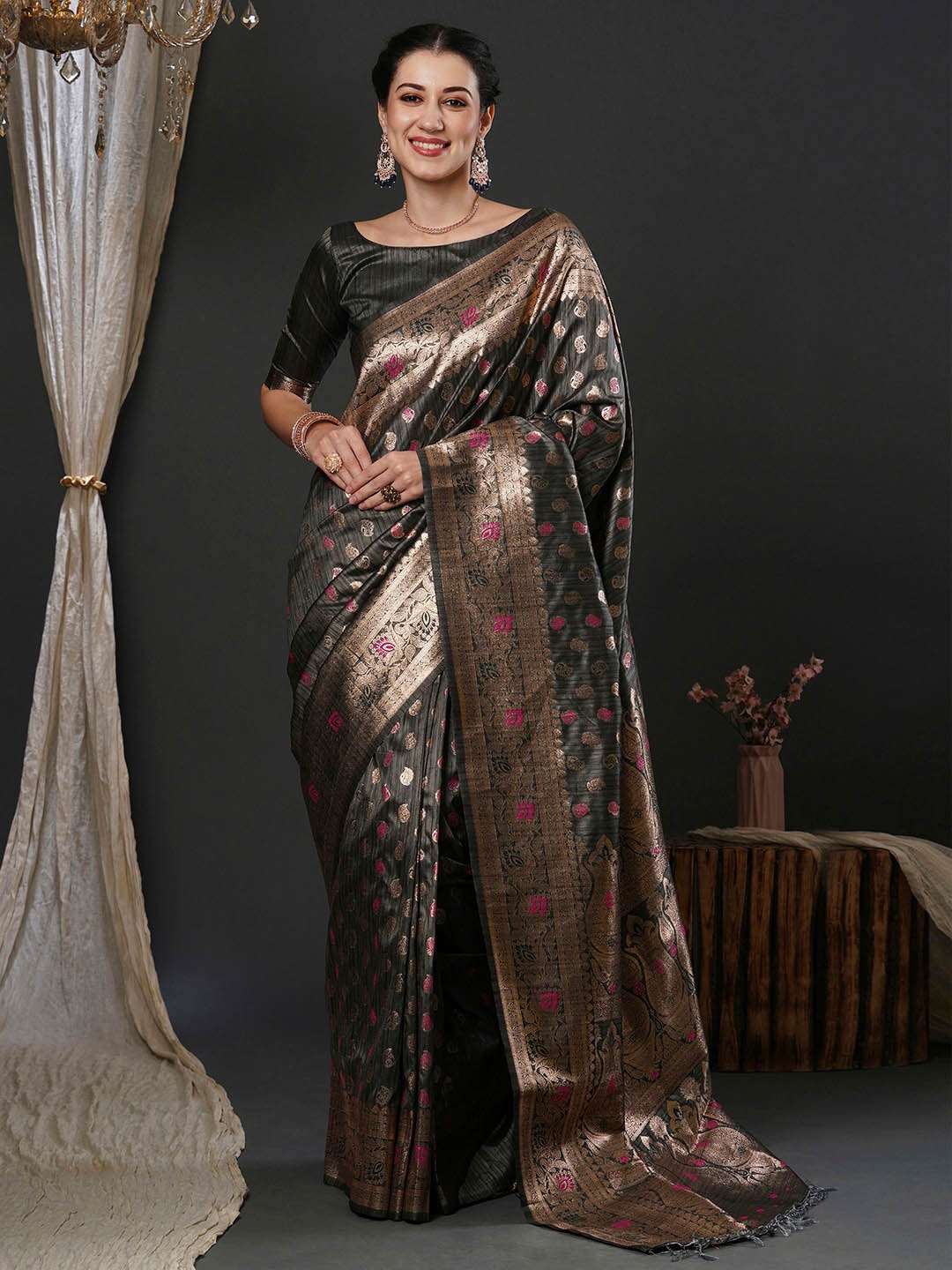 

Anouk Grey Ethnic Motifs Woven Design Banarasi Saree
