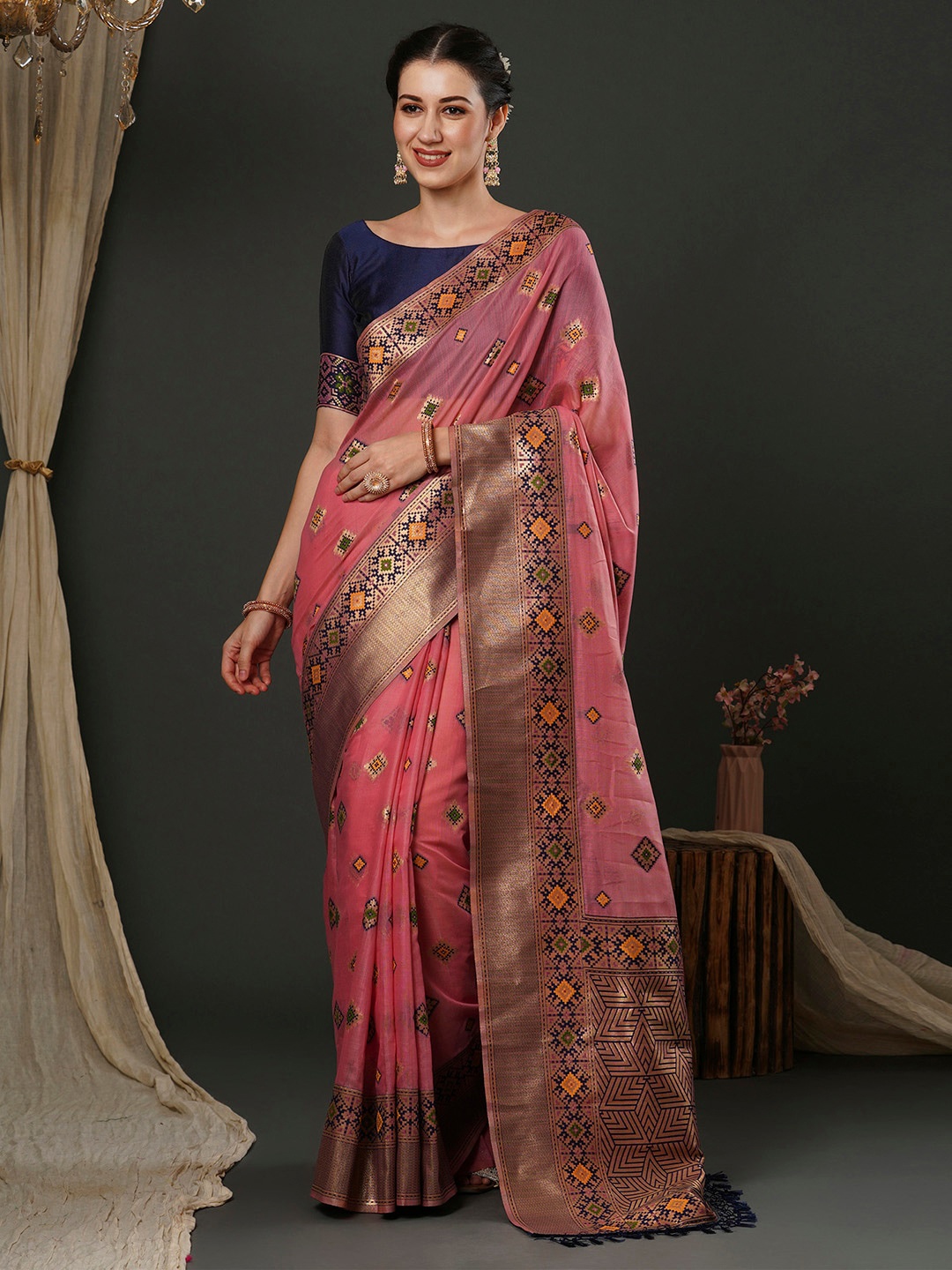 

Anouk Pink Ethnic Motifs Woven Design Zari Detailed Silk Cotton Saree