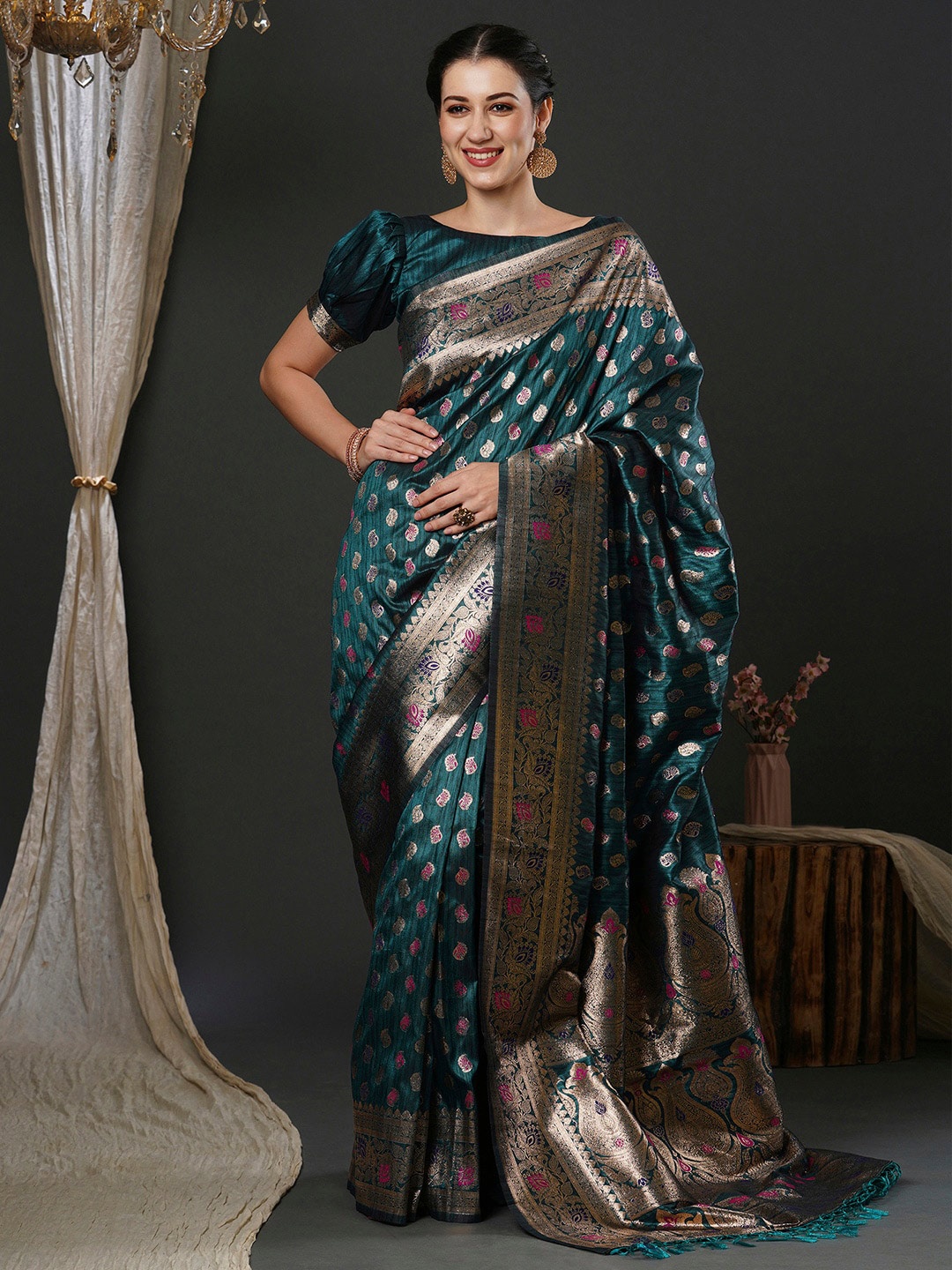 

Anouk Teal Ethnic Motifs Woven Design Silk Blend Banarasi Saree