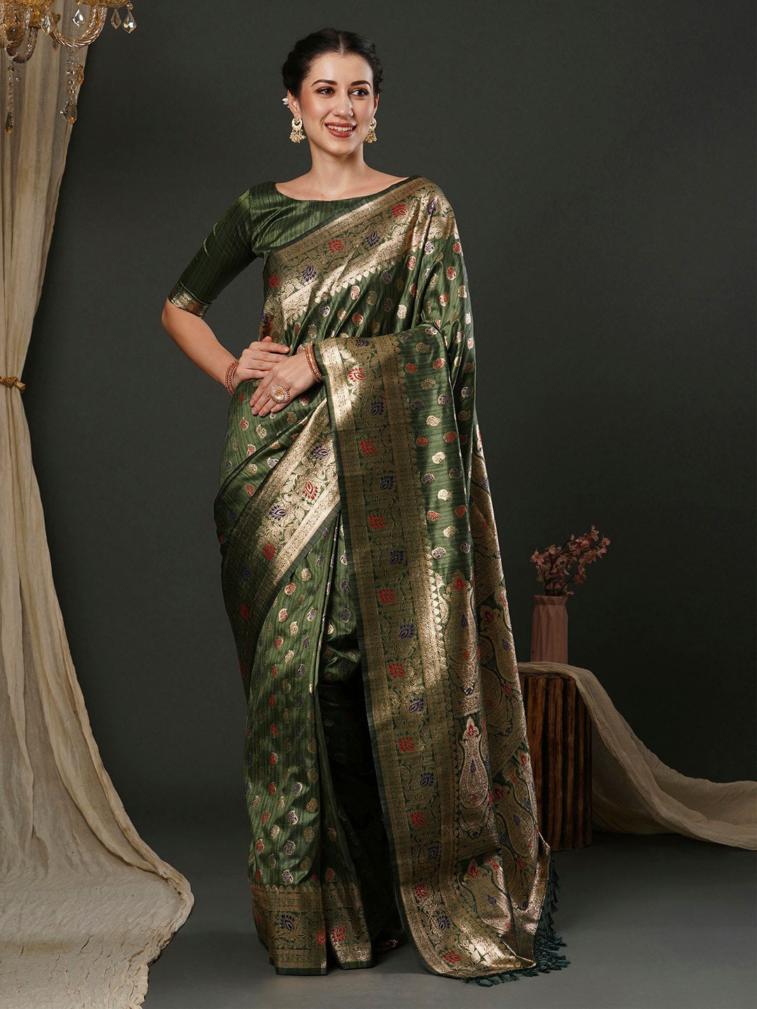 

Anouk Olive Green Ethnic Motifs Woven Design Zari Detailed Banarasi Saree