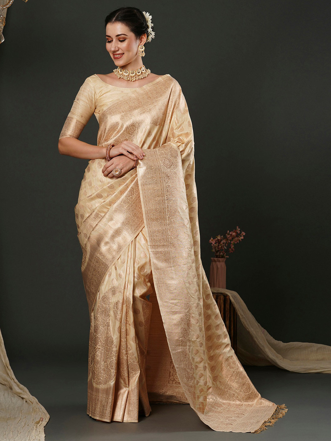 

Anouk Cream-Coloured Ethnic Motifs Woven Design Banarasi Saree
