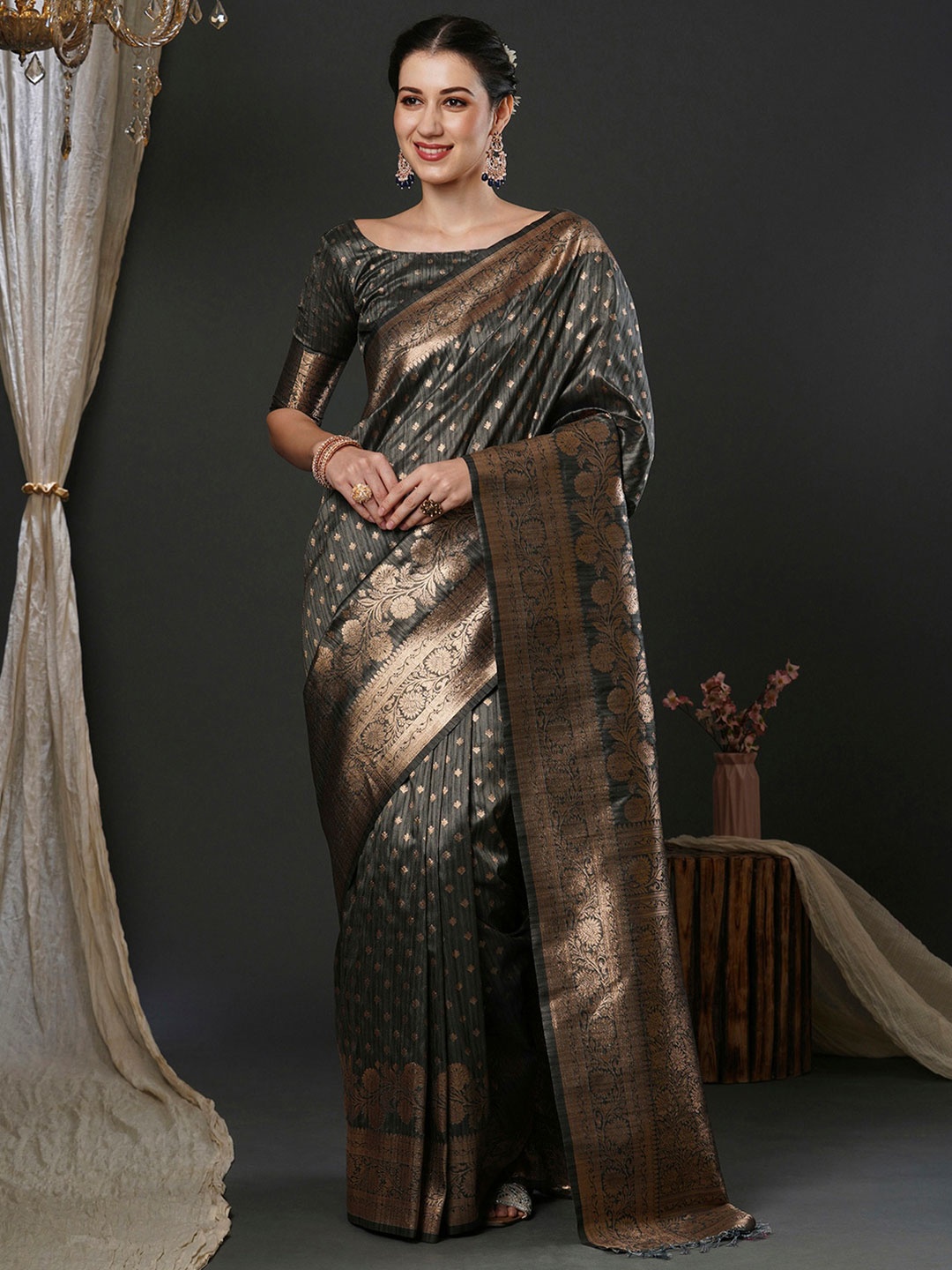 

Anouk Grey Ethnic Motifs Woven Design Banarasi Saree