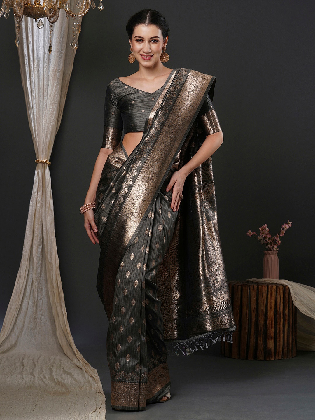

Anouk Grey Ethnic Motifs Woven Design Zari Detailed Banarasi Saree