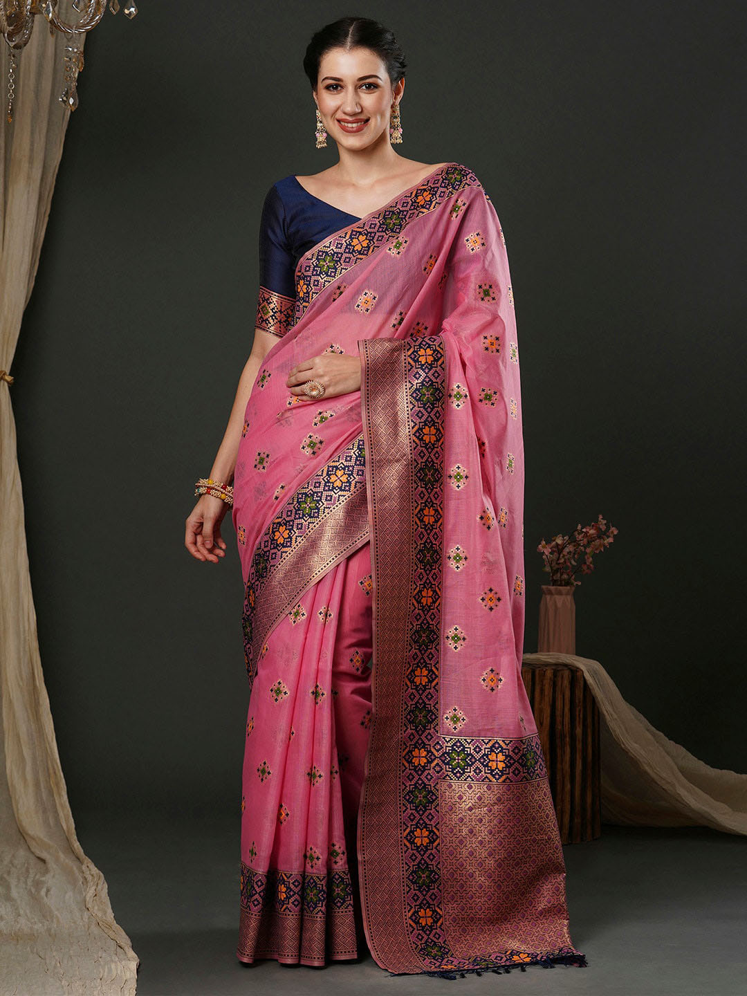 

Anouk Pink Ethnic Motifs Woven Design Zari Detailed Silk Cotton Saree