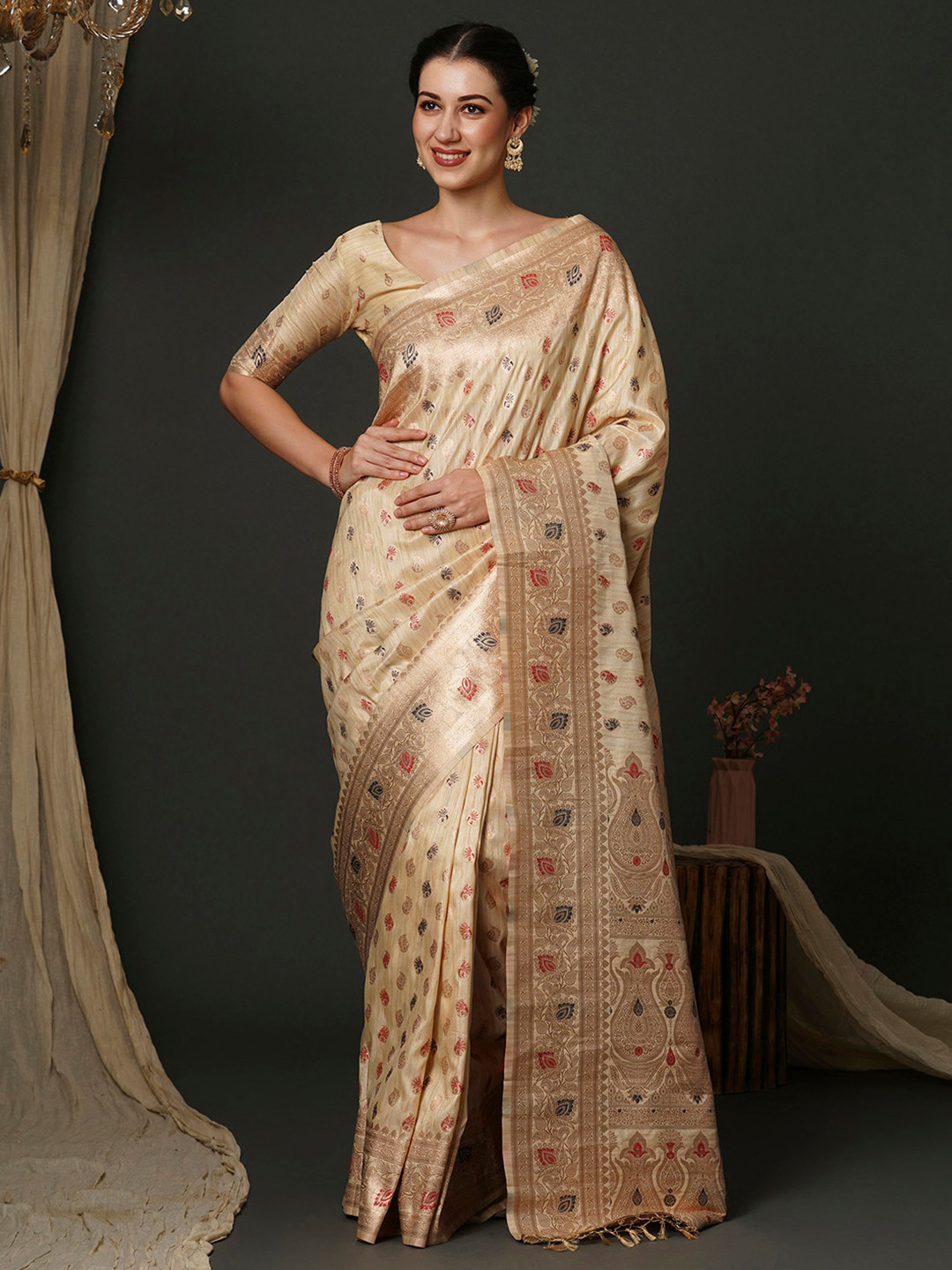 

Anouk Cream-Coloured Ethnic Motifs Woven Design Zari Detailed Banarasi Saree