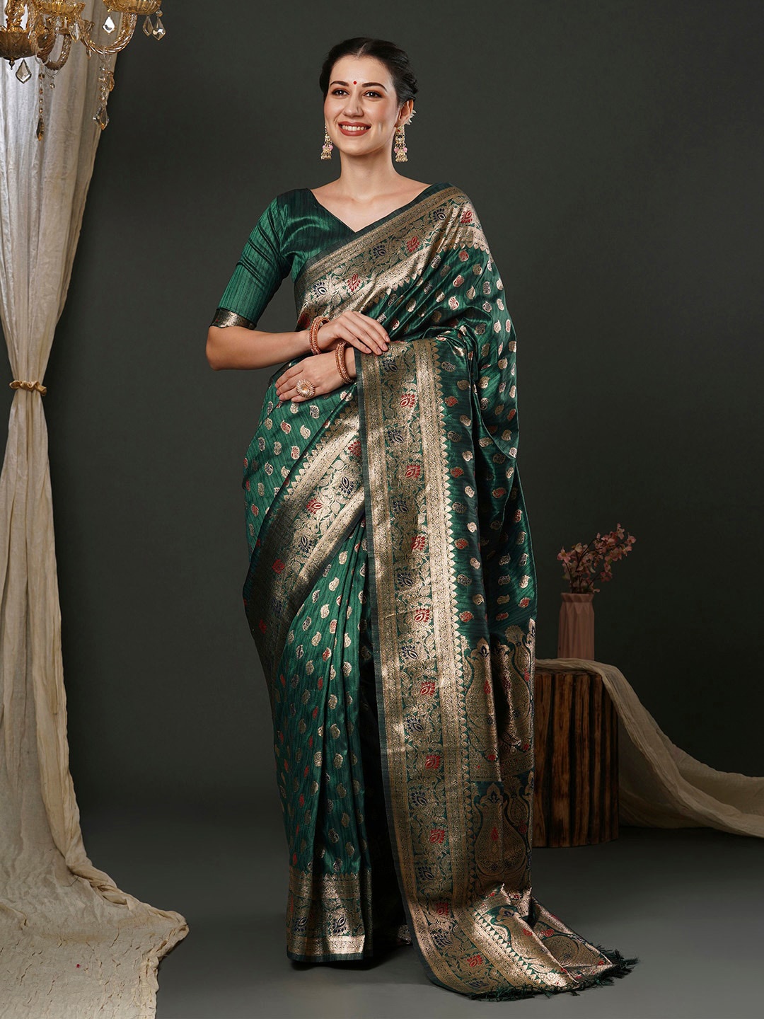 

Anouk Green Ethnic Motifs Woven Design Zari Banarasi Saree