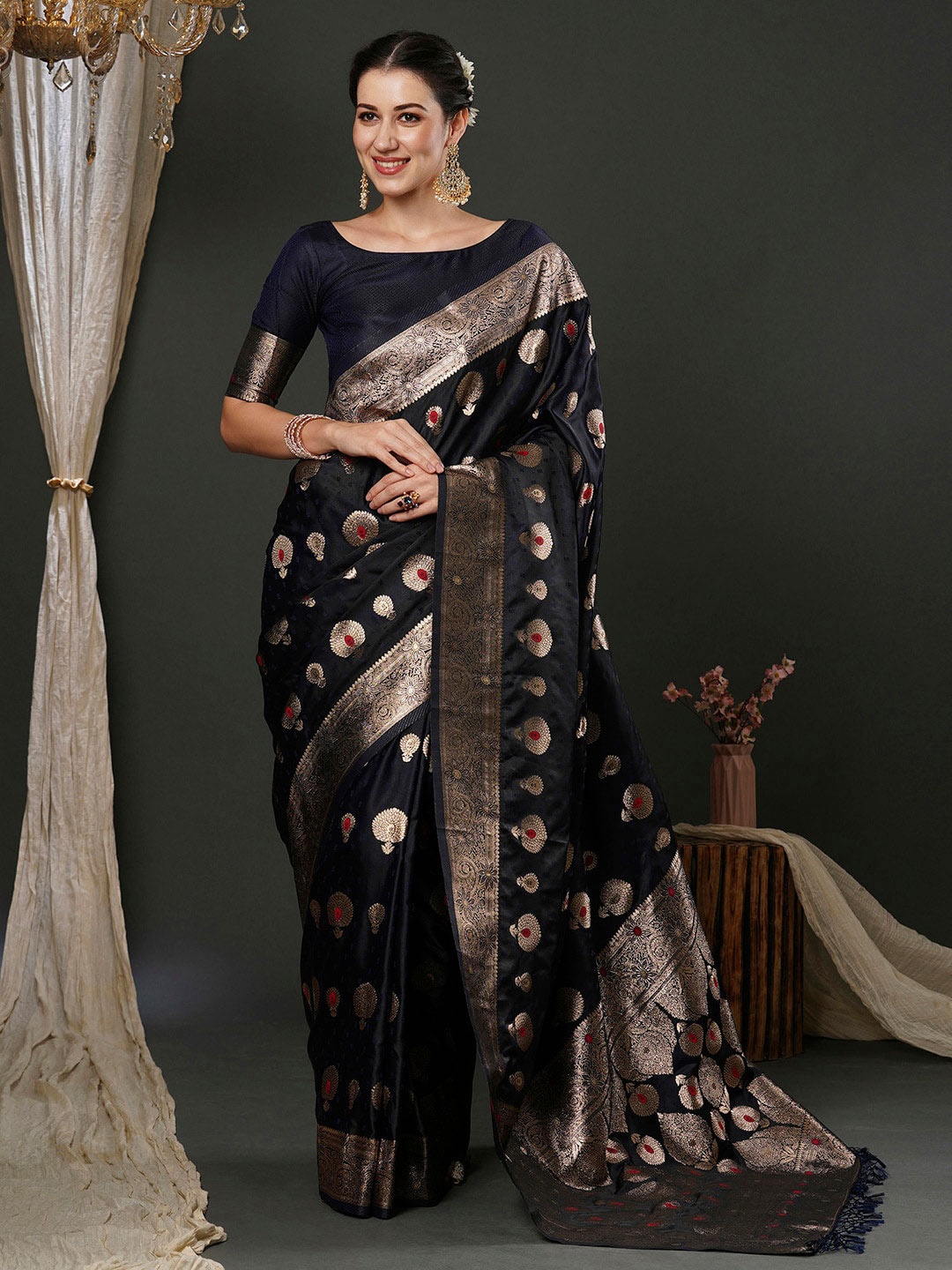 

Anouk Navy Blue Ethnic Motifs Woven Design Zari Detailed Banarasi Saree