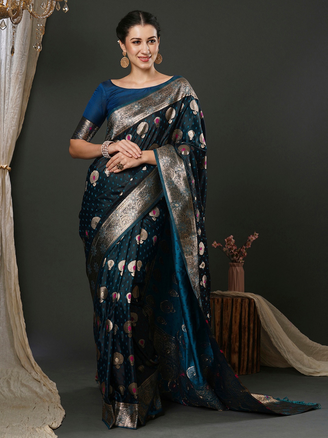 

Anouk Teal Blue Ethnic Motifs Woven Design Zari Detailed Banarasi Saree