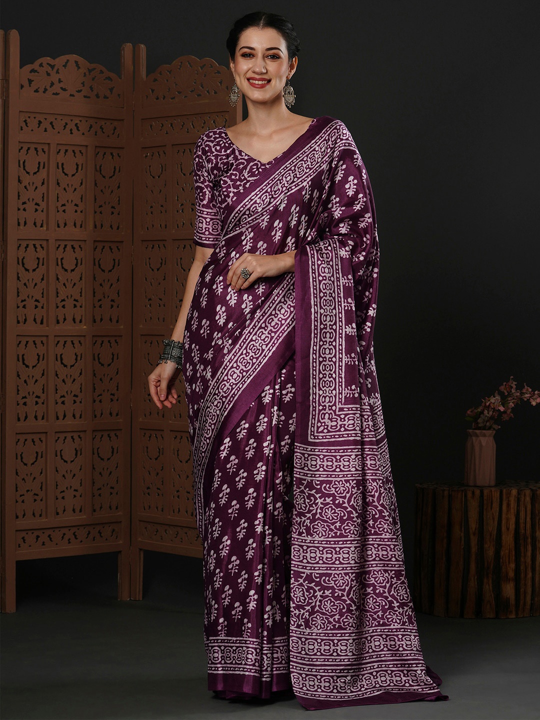 

Anouk Rustic Purple Ethnic Motifs Printed Dabu Saree
