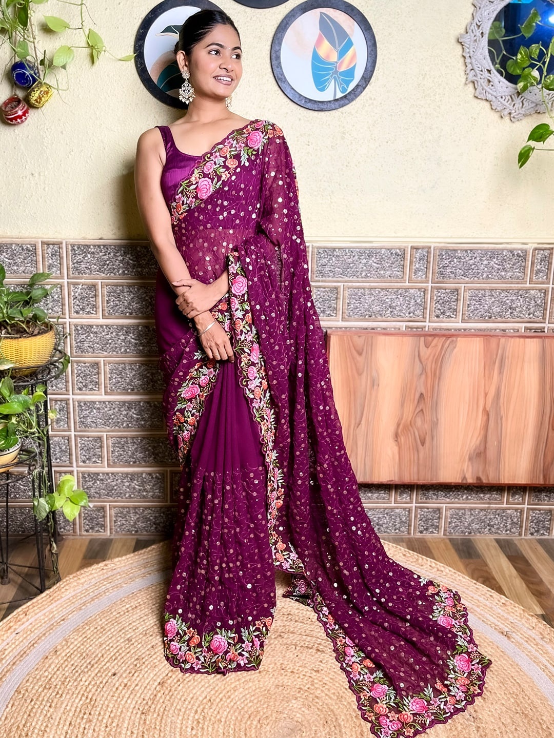 

Mitera Floral Embroidered Sequinned Detail Saree, Purple