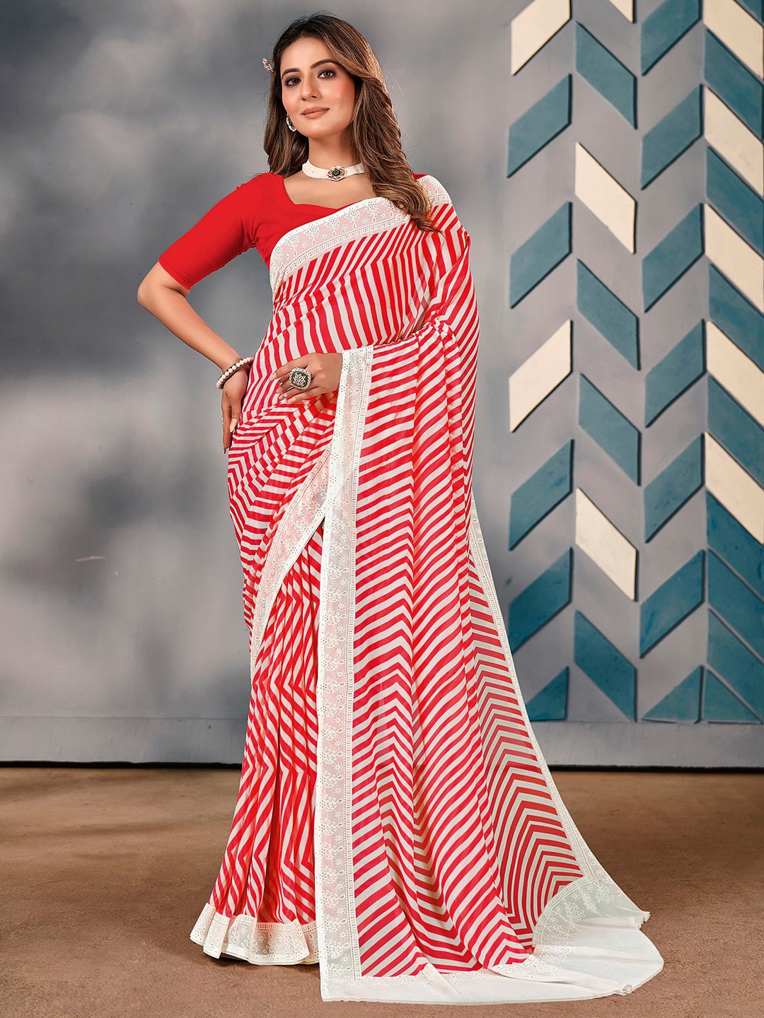 

Saree mall Striped Embellished Pure Georgette Sarees, Red