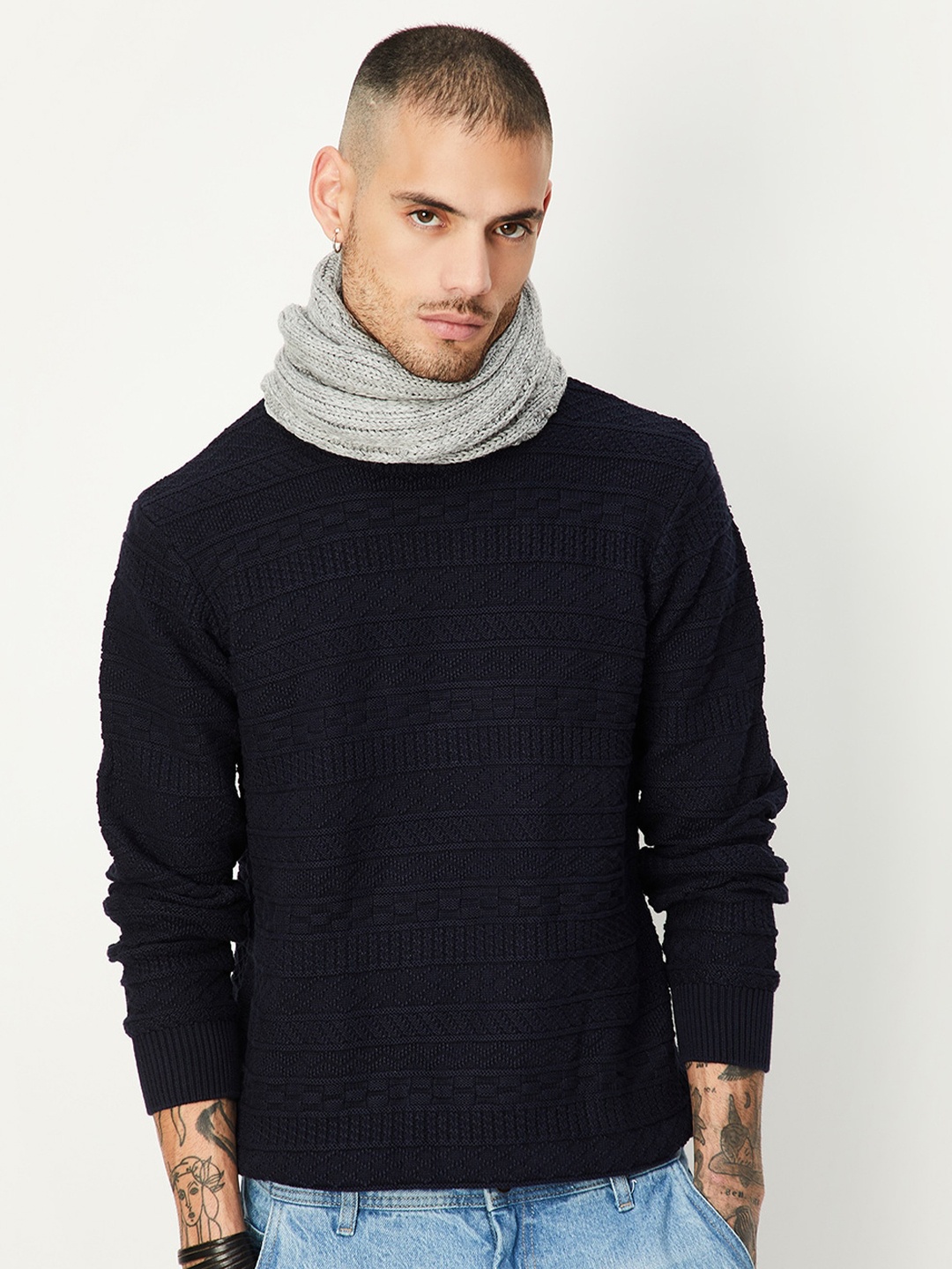 

max Self Design Cotton Pullover, Navy blue