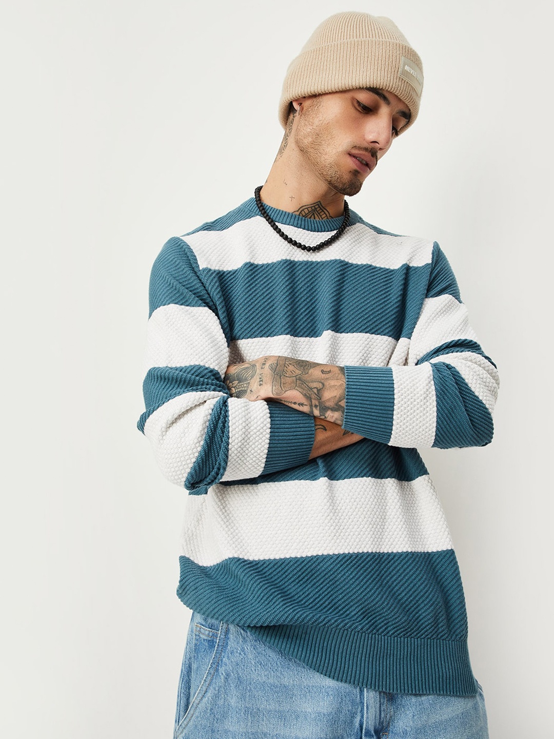 

max Colourblocked Cotton Pullover, Teal