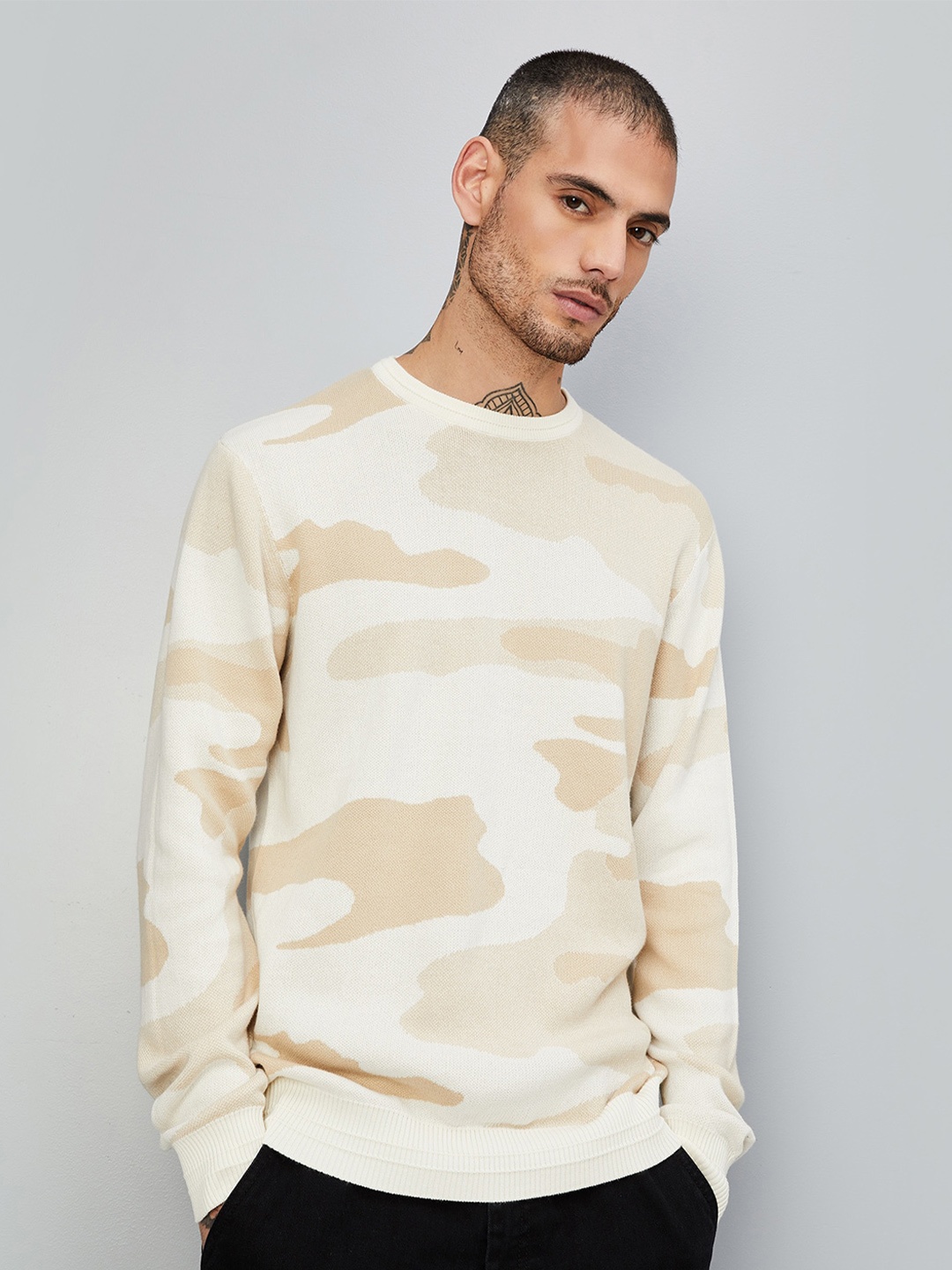 

max Abstarct Printed Round Neck Pure Cotton Pullover, Beige