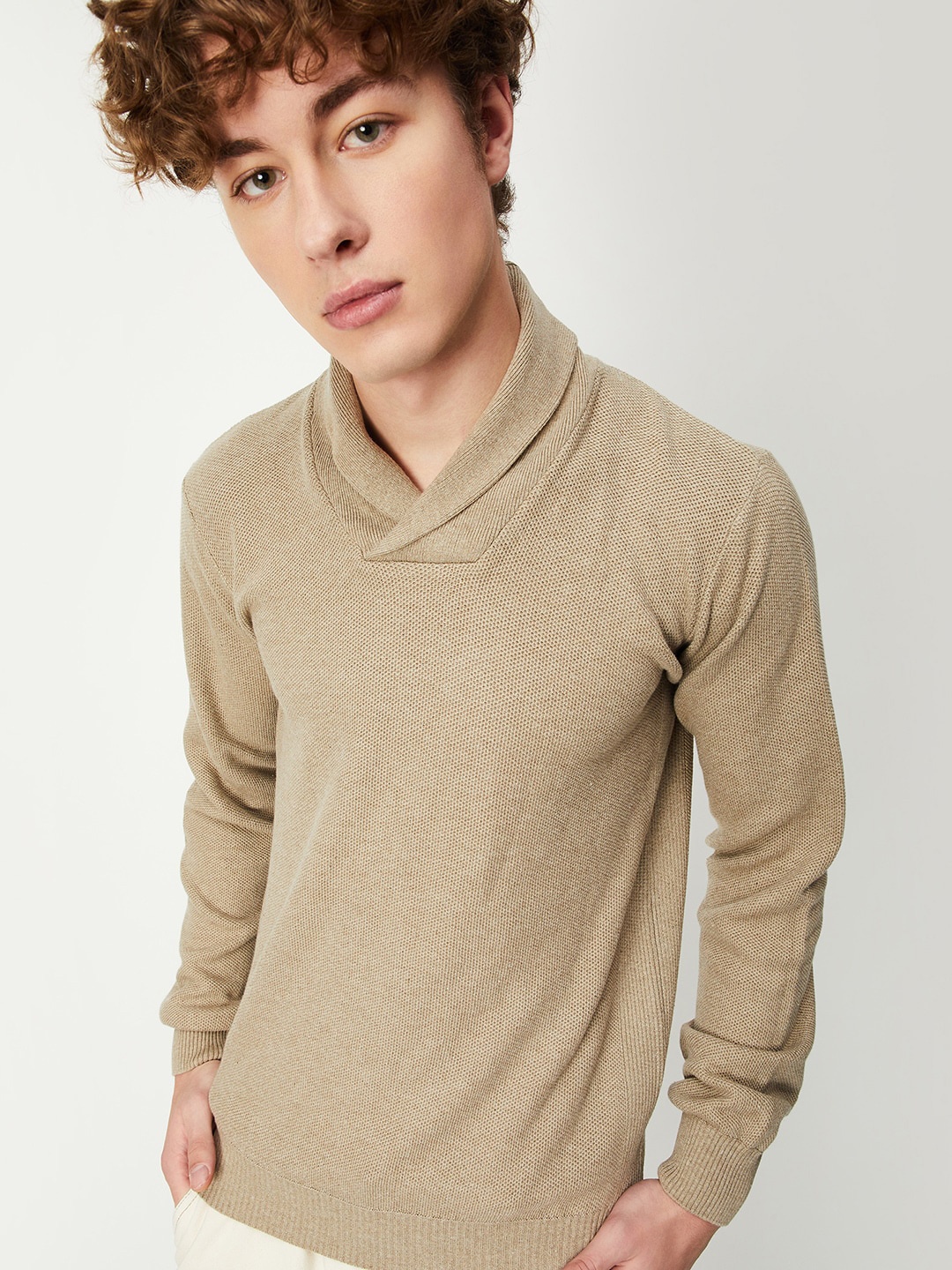 

max Mock Collar Cotton Pullover, Beige