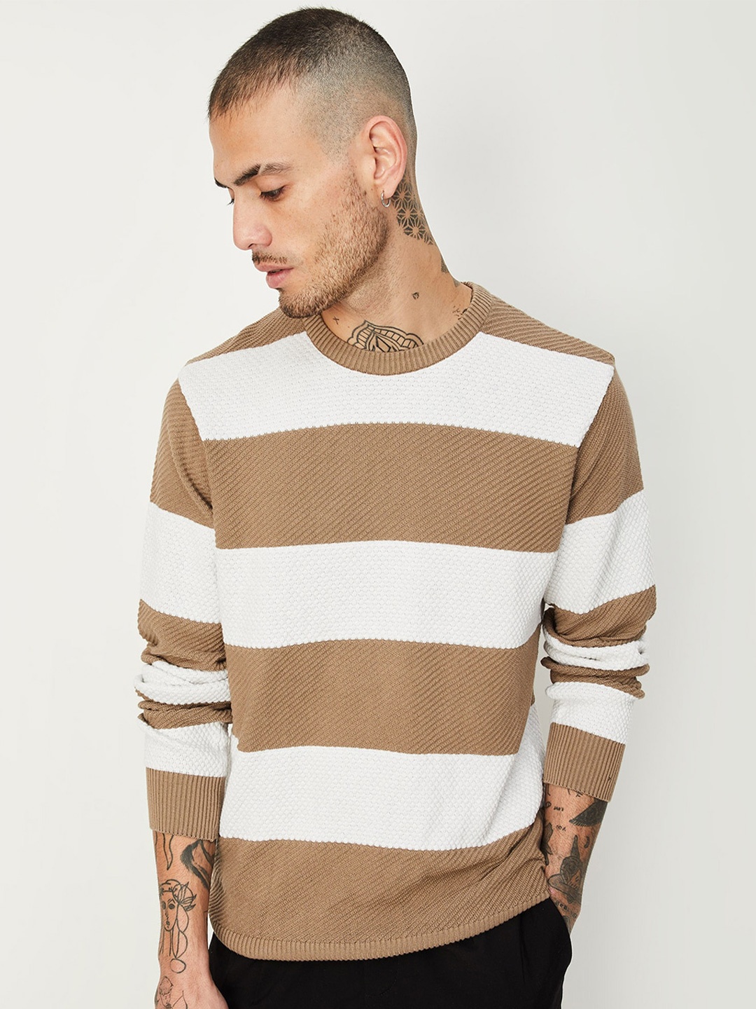 

max Striped Pure Cotton Pullover, Brown