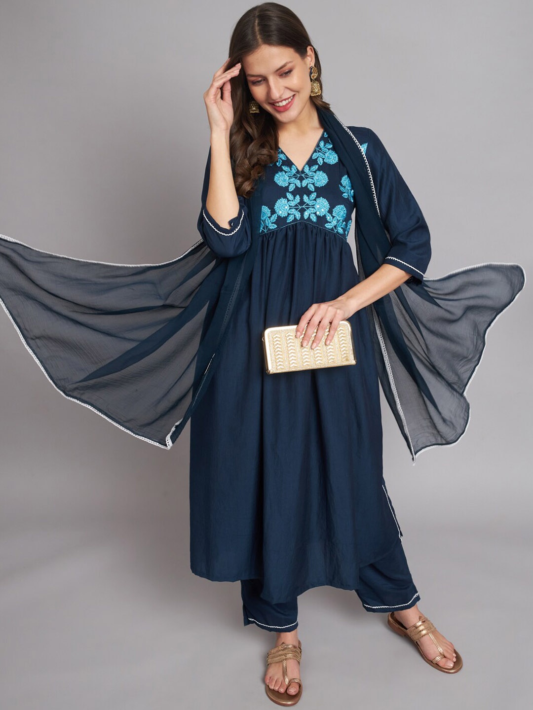 

KALINI Embroidered Regular Kurta with Trousers & Dupatta, Blue