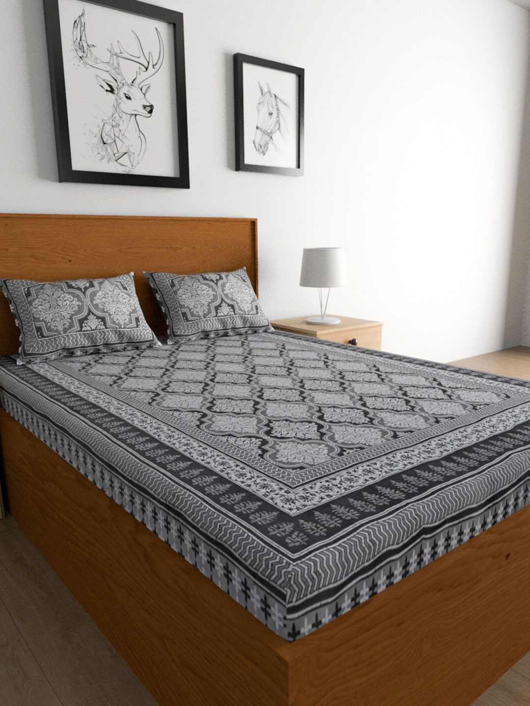 

Urban Magic Grey & White Ethnic Printed Cotton 104 TC King Bedsheet with 2 Pillow Covers