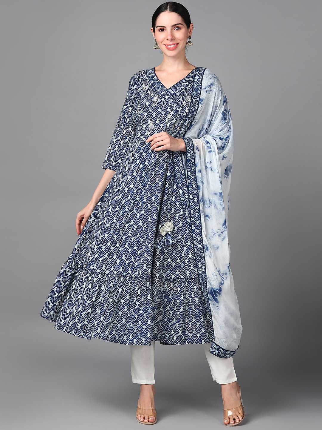 

AAYUMI Ethnic Motifs Printed Thread Work Anarkali Kurta With Trousers & Dupatta, Blue