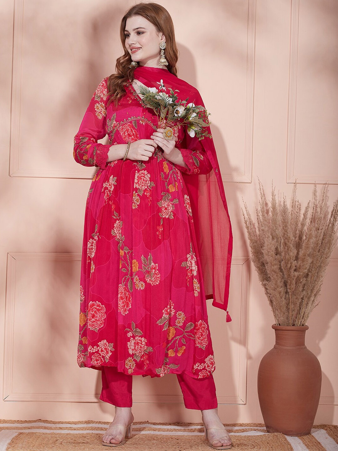 

FASHOR Floral Printed Pleated Thread Work Kurta With Trousers & Dupatta, Fuchsia