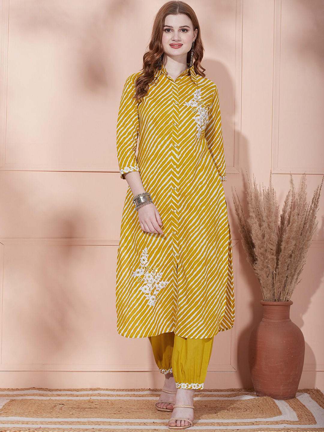 

FASHOR Leheriya Printed Regular Mirror Work Kurta With Trousers, Mustard