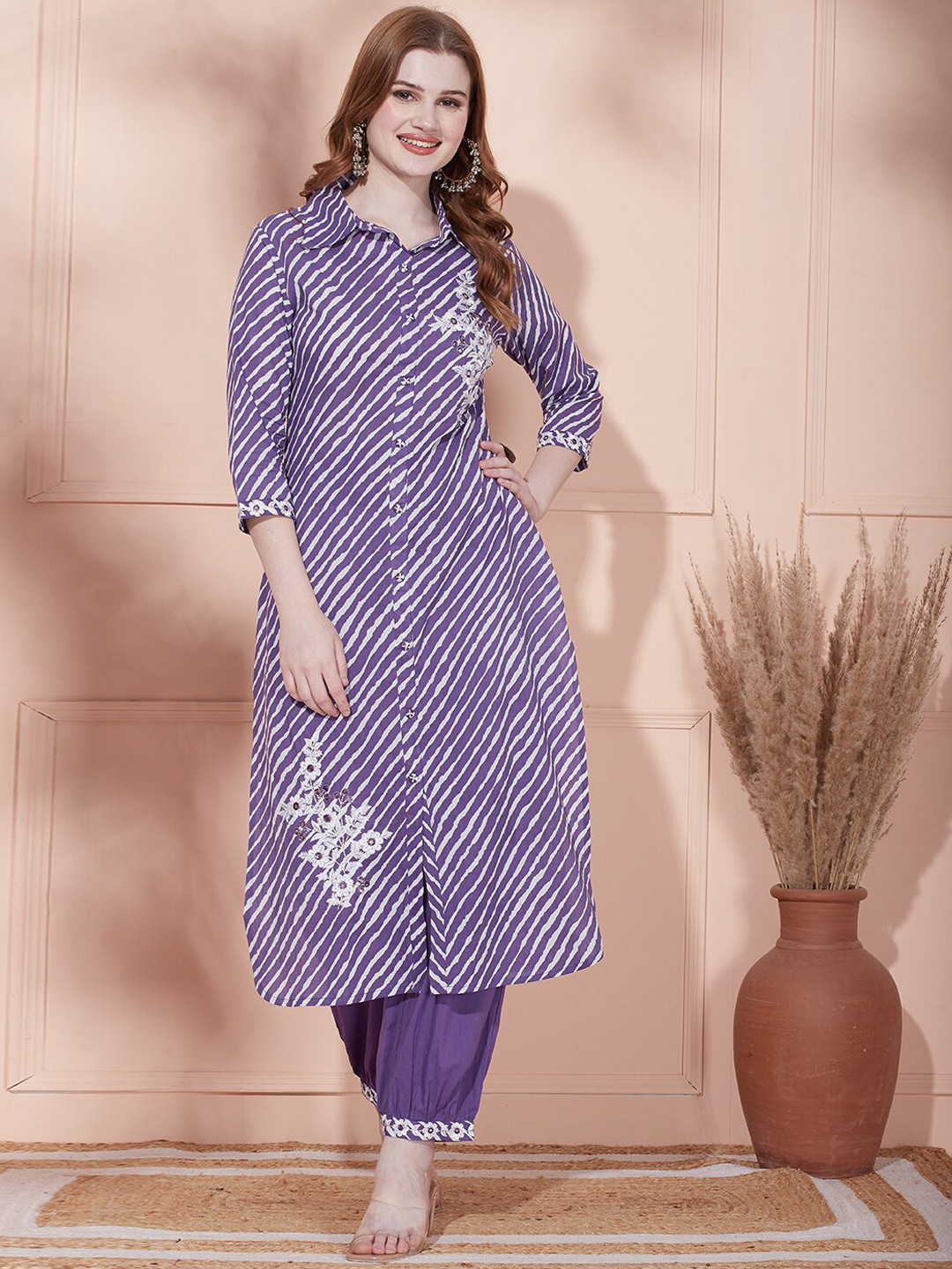 

FASHOR Leheriya Printed Mirror Work Pathani Kurta with Trouser, Purple