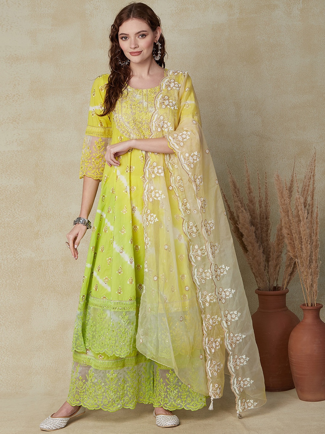 

FASHOR Ethnic Motifs Printed Thread Work A-Line Kurta with Sharara & With Dupatta, Yellow