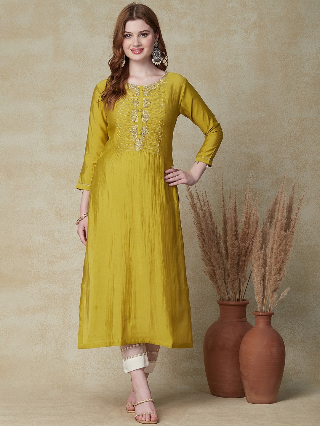 

FASHOR Embellished Beads & Stones Kurta, Mustard