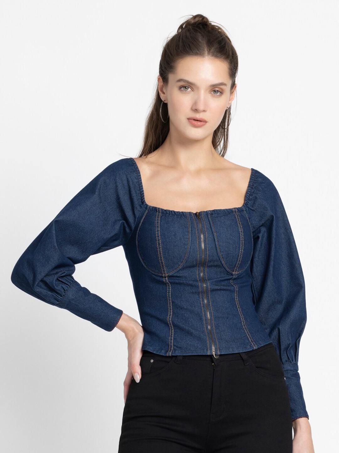 

SHAYE Stretchable Washed Cotton Denim Tie-Ups Front Metal Zip Bustier Top, Navy blue